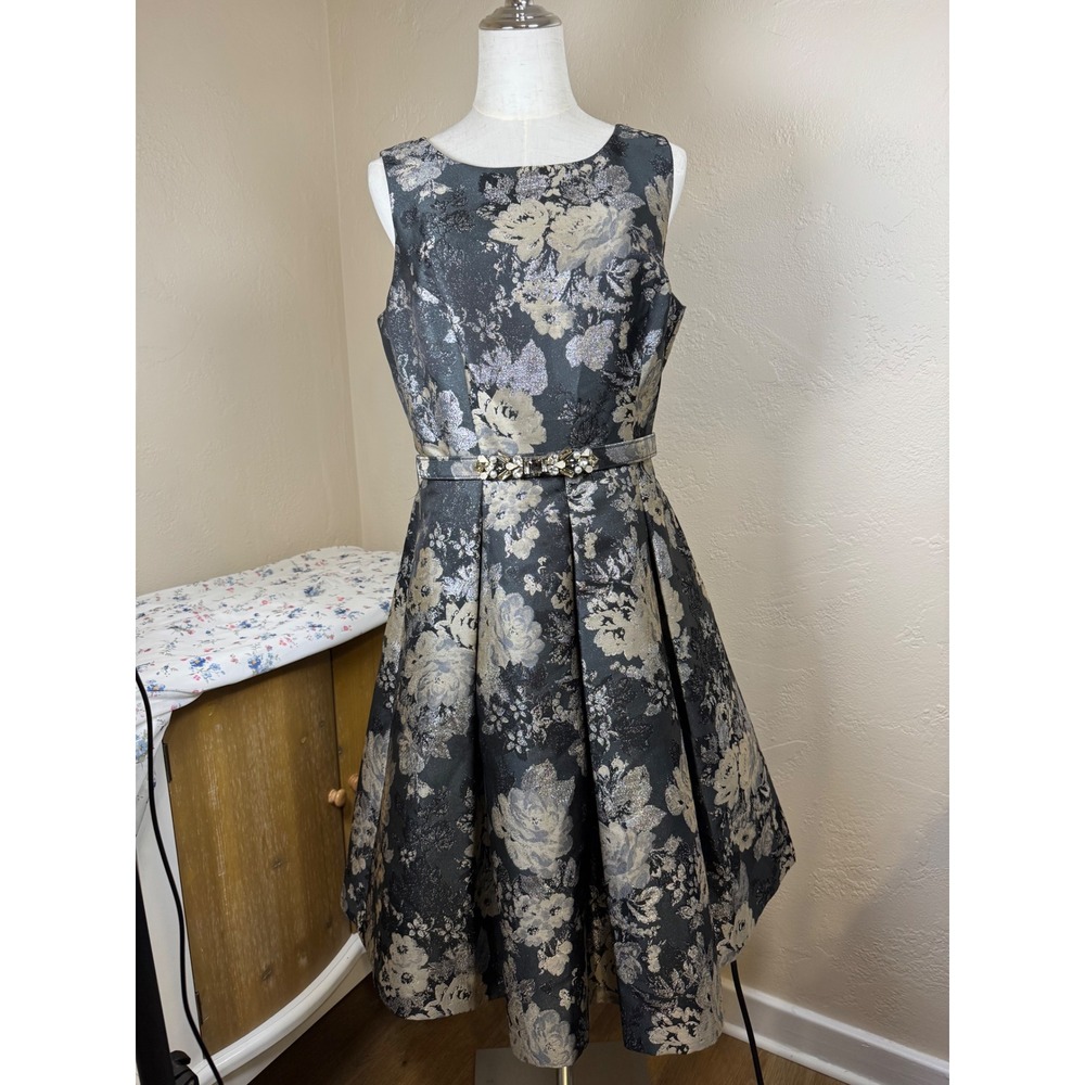Eliza J Metallic Floral Brocade Fit & Flare Dress Silver Gold Jeweled Belt 12